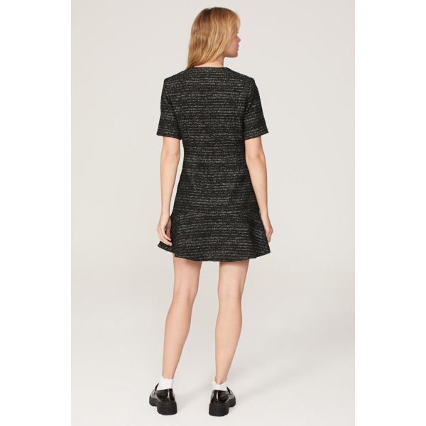 Black tweed (Main: 81% Polyester, 6% Viscose, 5% Acrylic, 3% Polyamide, 2% Metallic Fibers, 2% Cotton, 1% Wool). Lining (100% Polyester). Hourglass. Long sleeves. V-neck. Front button closure. 34.5" from shoulder to hemline. Imported. Tweed Mini Dress For Office, Office Tweed Mini Dress, Mini Length Tweed Dress For Work, Fall Tweed A-line Dress For Work, Fall A-line Tweed Dress For Workwear, Formal A-line Tweed Dress For Fall, Mini Length Tweed Office Dresses, Office Tweed Mini Length Dress, Winter Office Mini Length Tweed Dress