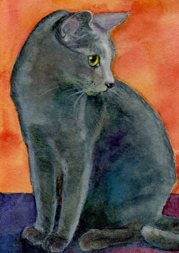 a painting of a gray cat sitting on top of a purple and orange surface with an orange sky in the background