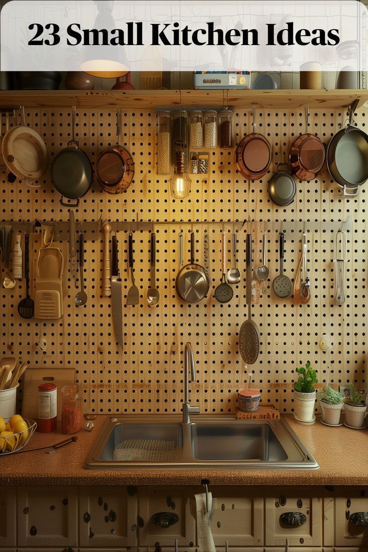 Hang a pegboard on a kitchen wall to efficiently utilize vertical space for storage. Customize it with hooks, shelves, and containers to organize utensils, pots, and pans, keeping them within easy reach Pegboard Kitchen Storage, Apartment Appliance Storage, Kitchen Peg Boards, Kitchen Peg Board Ideas, Renter Friendly Kitchen Shelves, Pegboard Kitchen Ideas, Peg Board Kitchen Wall, Pegboard In Kitchen, Pegboard Kitchen Organization