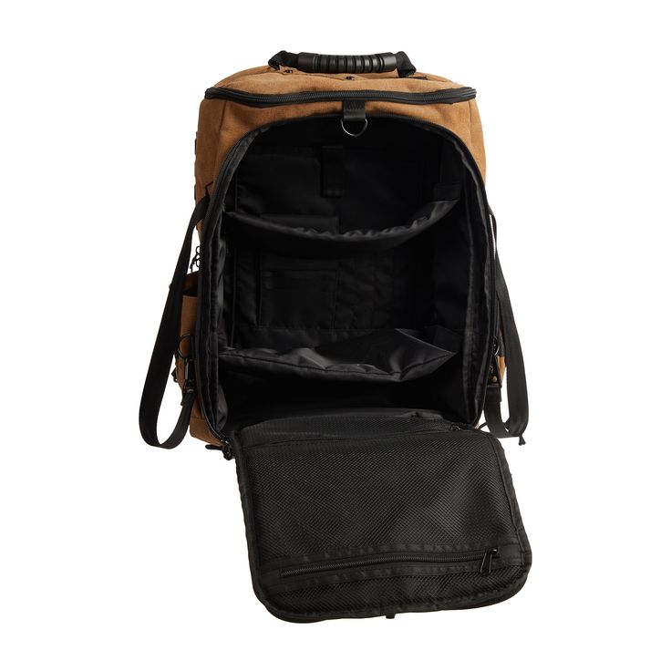 the back compartment of a brown backpack with black straps and an open zippered pocket