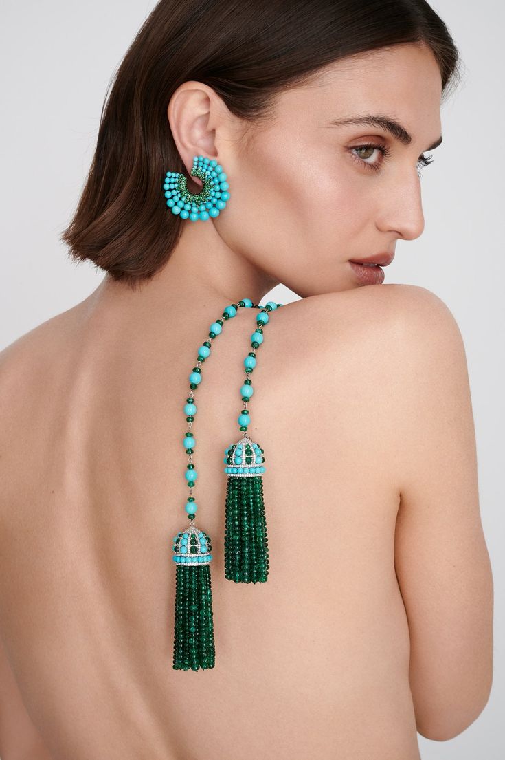 59.90 carats of Turquoise 4.44 carats of round Green Tsavorites Earrings are set in 18K White Gold Collapsible post and clip closure Small Flower Earrings, Turquoise Ocean, Silver Jewellery Indian, Tassel Jewelry, Amethyst Beads, Classic Jewelry, White Earrings, Jewelry Inspo, High Jewelry