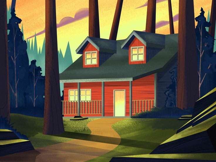 a painting of a red house in the woods