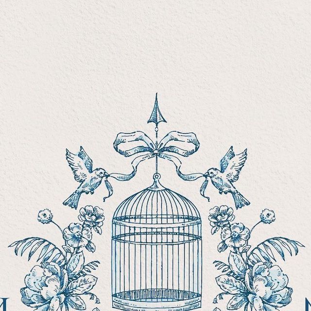 a drawing of a bird in a cage surrounded by flowers