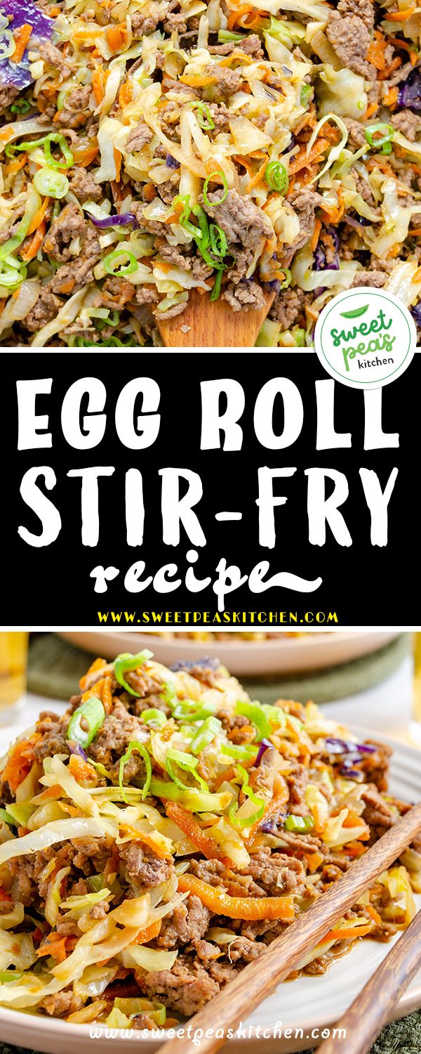 egg roll stir fry recipe with vegetables and meat in it on a plate, next to the