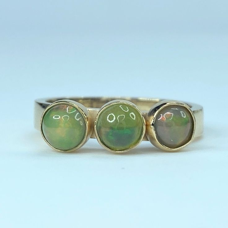 Ornate 14k Yellow Gold Stackable Statement Ring. It Has Three Round Natural Opal Cabochon Bezels, Approx. 4.5-5.0m. Weight 3.9 Grams, Size 6.5. Excellent Vintage Condition. Gold Opal Multi-stone Ring, Yellow Gold Round Cabochon Jewelry, Yellow Gold Cabochon Jewelry, Fine Jewelry 14k Gold Opal Ring With Polished Finish, Yellow Gold Polished Opal Ring, Polished Yellow Gold Opal Ring, 14k Gold Multi-stone Round Jewelry, Yellow Gold Multi-stone Round Jewelry, Heirloom Style Gold Opal Ring With Bezel Setting