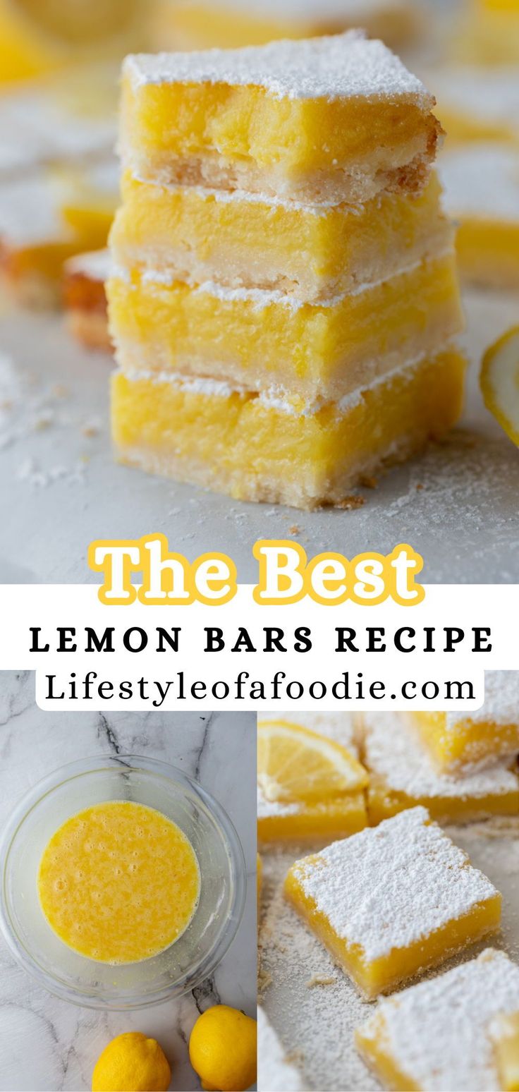 lemon bars with powdered sugar on top and in the background, there are lemons next to each other