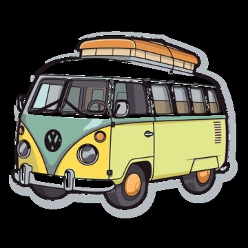 a vw bus with a surfboard on the top of it's roof