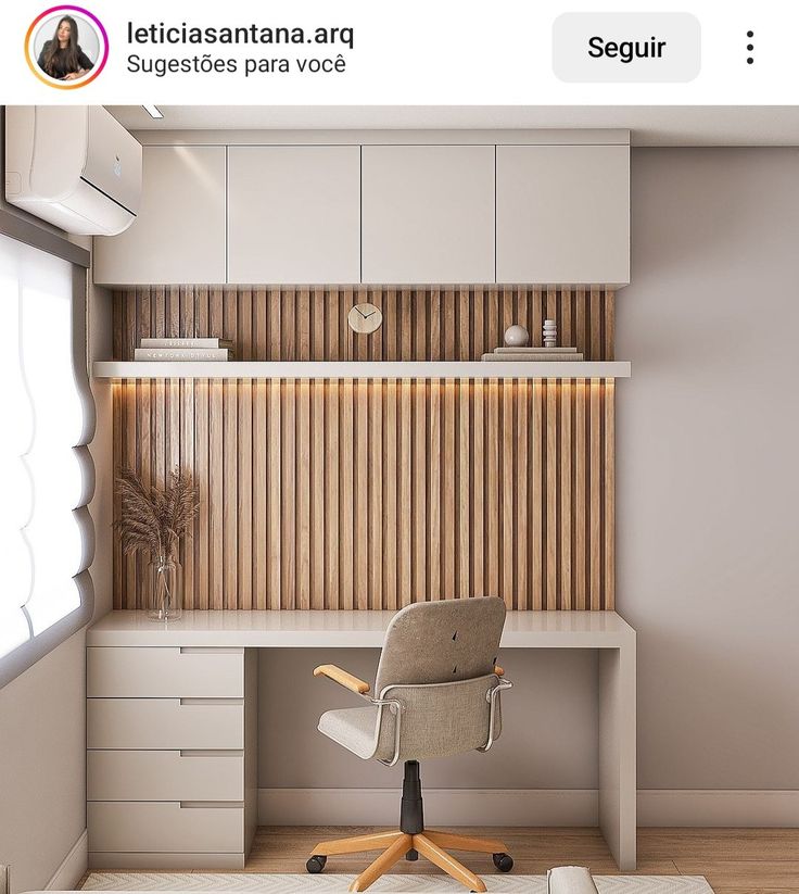 a room with a desk, chair and shelves on the wall is shown in an instagram