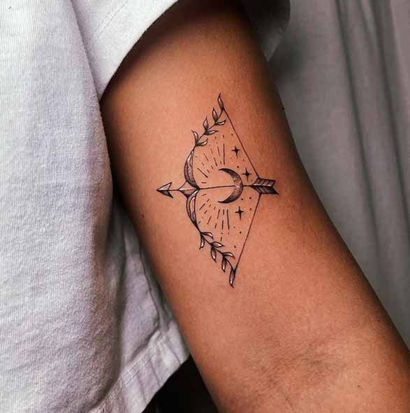 a tattoo on the arm of a person with an arrow and compass in black ink