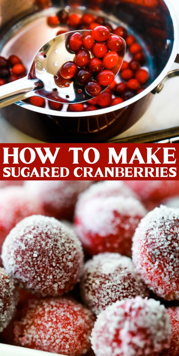 sugared cranberries and powdered sugar in a pan