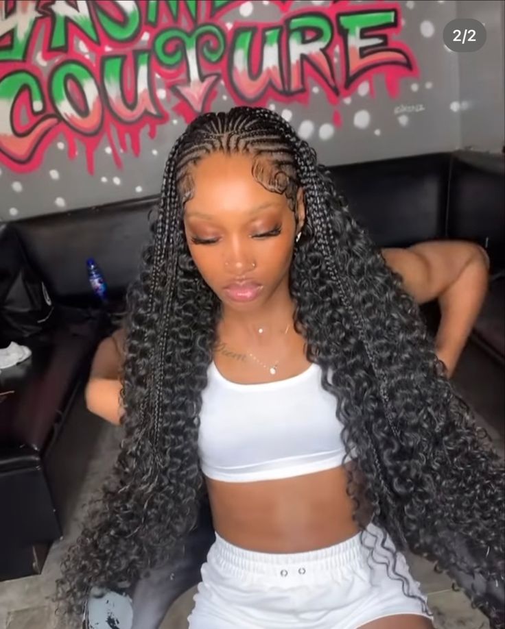 Cornrow And Sew In Hairstyles, Summer Braids Inspiration, Corn Row Front Sew In Back, Single Braid Half Up Half Down, Half Knotless Half Sew In, Fulani Braids With Deep Wave Hair, Sew In Weave With Braids, Curly Sew In With Braids, Braided Leave Out