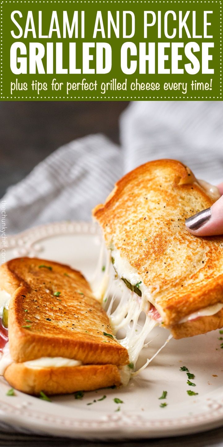 someone is holding a grilled cheese sandwich on a plate with the words, salami and pickle grilled cheese