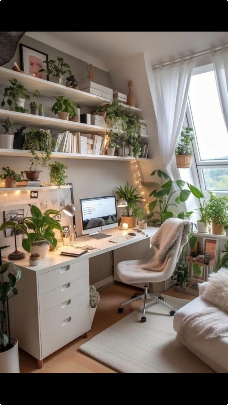 a home office with plants on shelves and a computer desk in front of the window