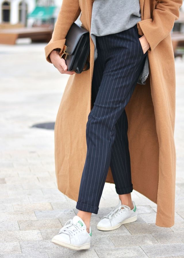 camel coat + striped pants Blue Striped Pants Outfit, Stripped Pants Outfit, Pinstripe Pants Outfit, Navy Blue Pants Outfit, Striped Pants Outfit, Navy Pants Outfit, Blue Pants Outfit, Stripe Pants Outfit, Pants Outfit Work