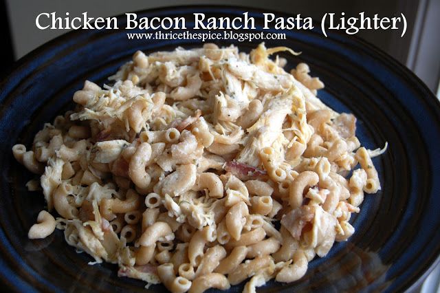 chicken bacon ranch pasta lighter on a blue plate