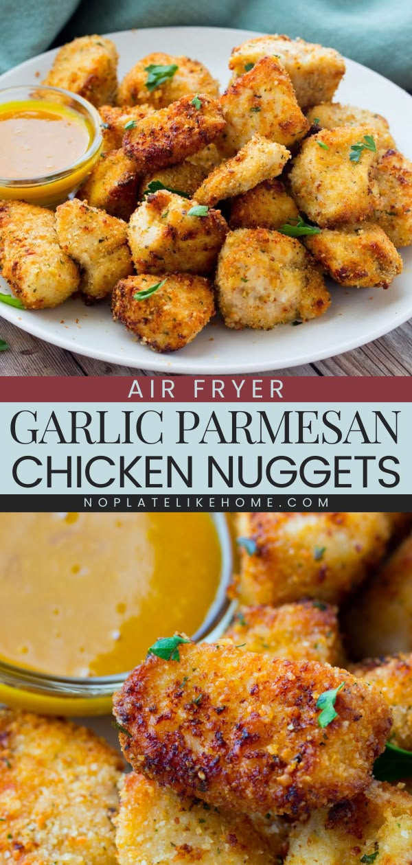 This air fryer recipe lets you enjoy homemade chicken nuggets in just 25 minutes! Crispy and delicious minus all of the fat and calories, these garlic parmesan chicken nuggets are a winner. This easy chicken dinner also doubles as a simple appetizer recipe! Air Fryer Recipes Chicken Meal Prep, Easy Chicken Nuggets Baked, 3 Ingredient Air Fryer Chicken Nuggets, Garlic Chicken Air Fryer Recipes, Crispy Garlic Parmesan Chicken Bites, Garlic Parmesan Chicken Tenders Air Fryer, Chicken Parm Bites Air Fryer, Easy Air Fryer Chicken Nuggets, Garlic Parm Chicken Bites Air Fryer