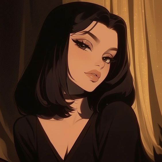 a woman with long black hair wearing a black dress and looking off into the distance