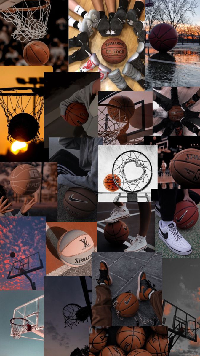 a collage of basketballs and other sports related items, including the ball in the basket