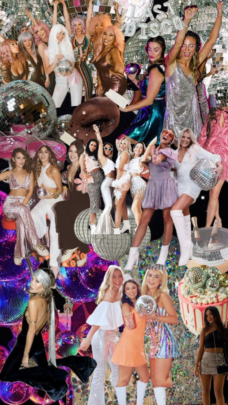 the collage shows many different women dressed in costumes and posing for pictures with their hands up