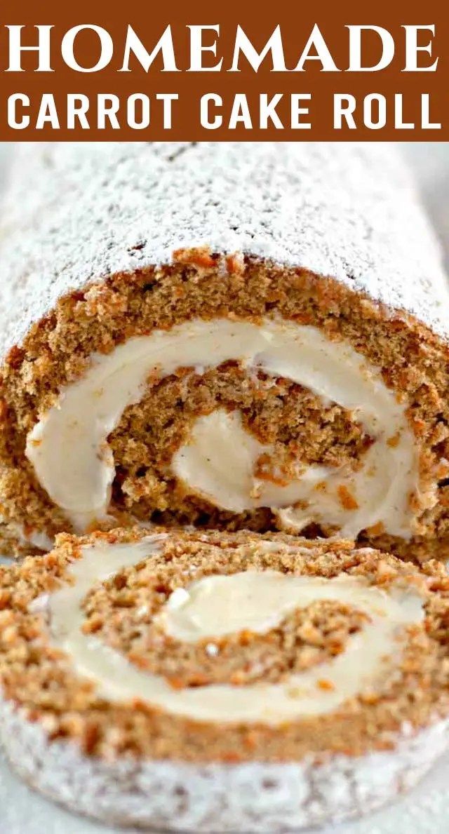 homemade carrot cake roll with cream cheese frosting on top and cinnamon swirl in the middle