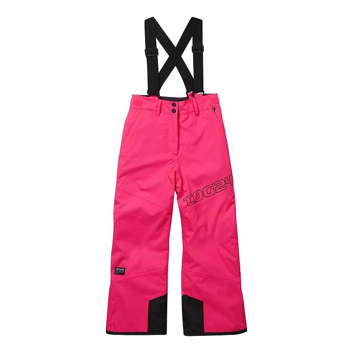 a pink snowboard pants with black straps