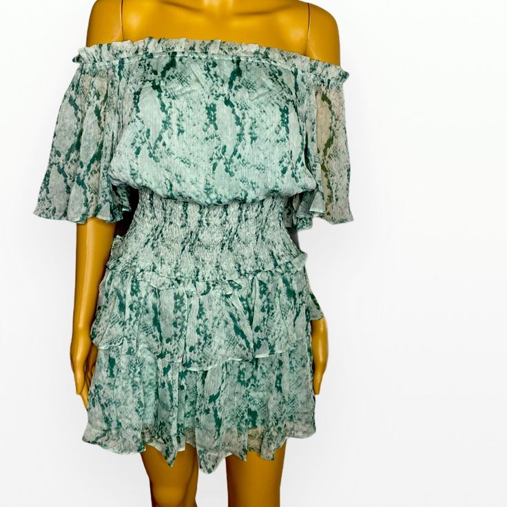 Anthropologie She + Sky Romantic /Festival/Boho Sage Color Snake Print Tiered Off Shoulder Dress In Brand New Condition With Tags Skirt Lined Fabrics * Self 100% Polyester Lining 100% Polyester Summer Festival Dresses With Ruffles, Bohemian Tiered Mini Dress For Beach, Summer Tiered Boho Print Dress, Bohemian Tiered Mini Dress For Vacation, Bohemian Mini Dress With Ruffles For Vacation, Bohemian Flowy Off-shoulder Dress, Flowy Off-shoulder Bohemian Dress, Flowy Bohemian Off-shoulder Dress, Summer Mini Dress With Boho Print For Brunch