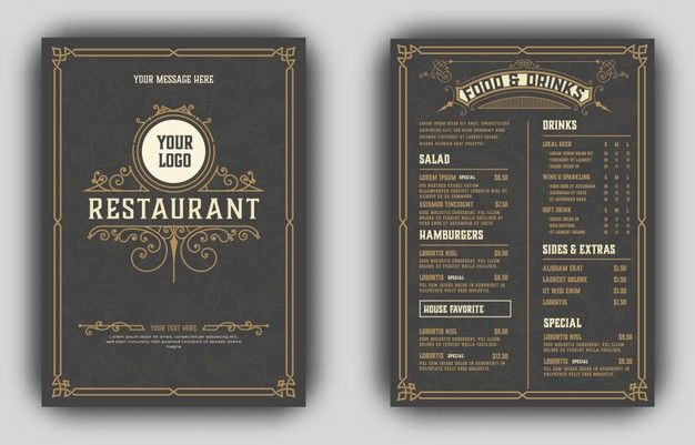 a restaurant menu with an ornate design on the front and back cover, in gold