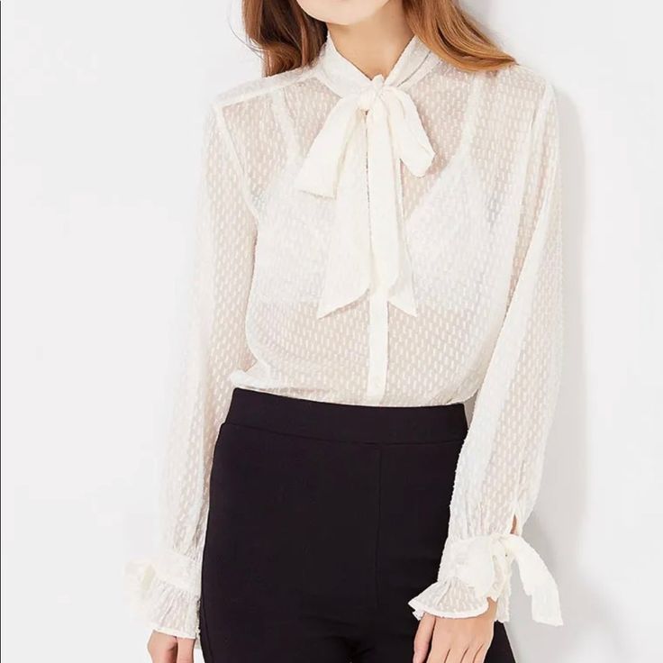 Banana Republic | Women’s Long Sleeve Blouse | S Classic Blouse For Brunch, Elegant Tie Neck Blouse For Brunch, Casual White Tie Neck Blouse, White Tie Neck Casual Blouse, White Fitted Tie Neck Blouse, Fitted White Tie Neck Blouse, White Tie Neck Top For Party, Chic Off-white Blouse For Work, White Feminine Tie Neck Blouse