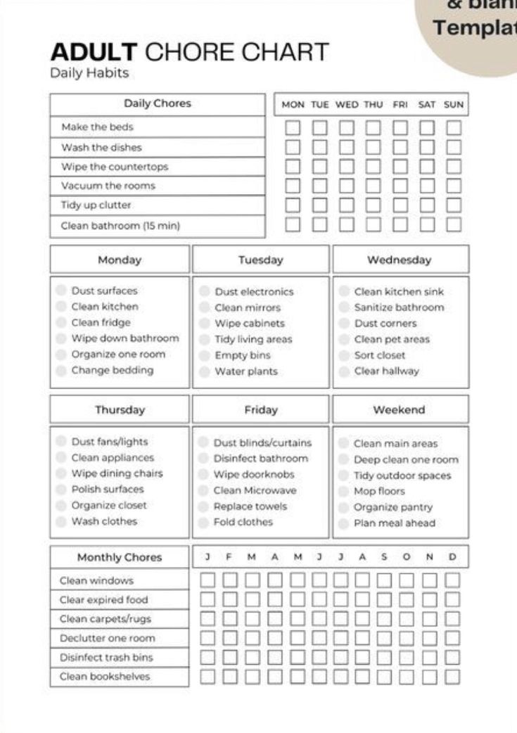 an adult chore chart with the words and numbers on it, in black and white