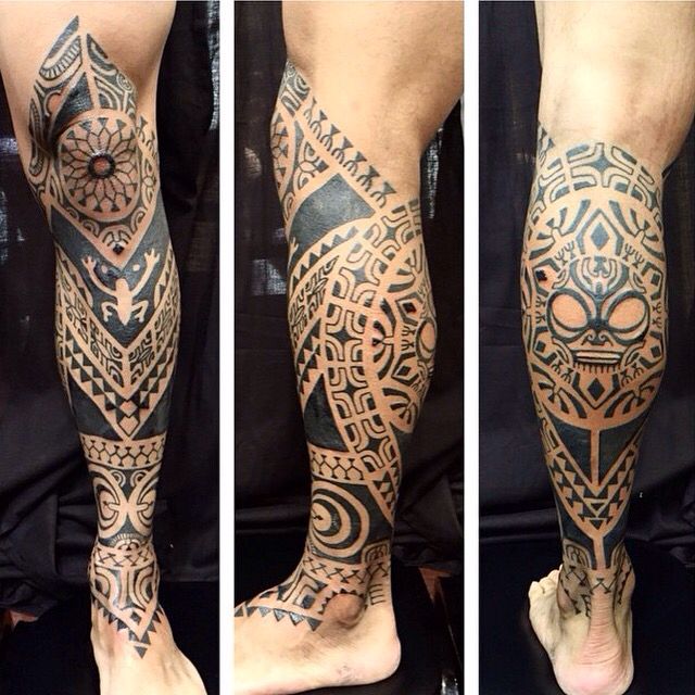 three different views of a man's leg with an intricate tattoo design on it