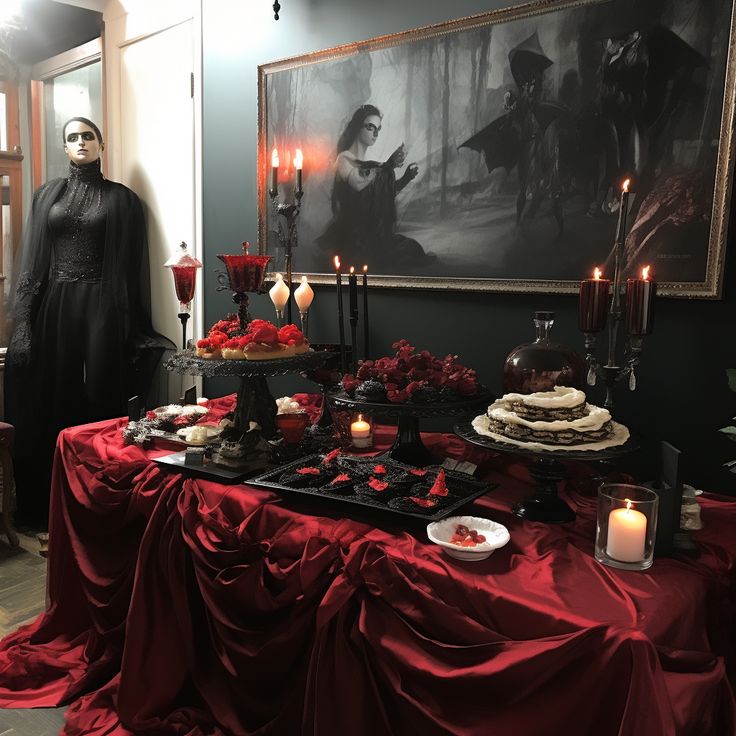 a table topped with cakes and candles next to a painting