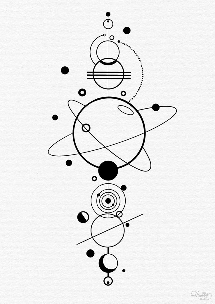 an abstract drawing with black and white circles, planets, and stars on it's side