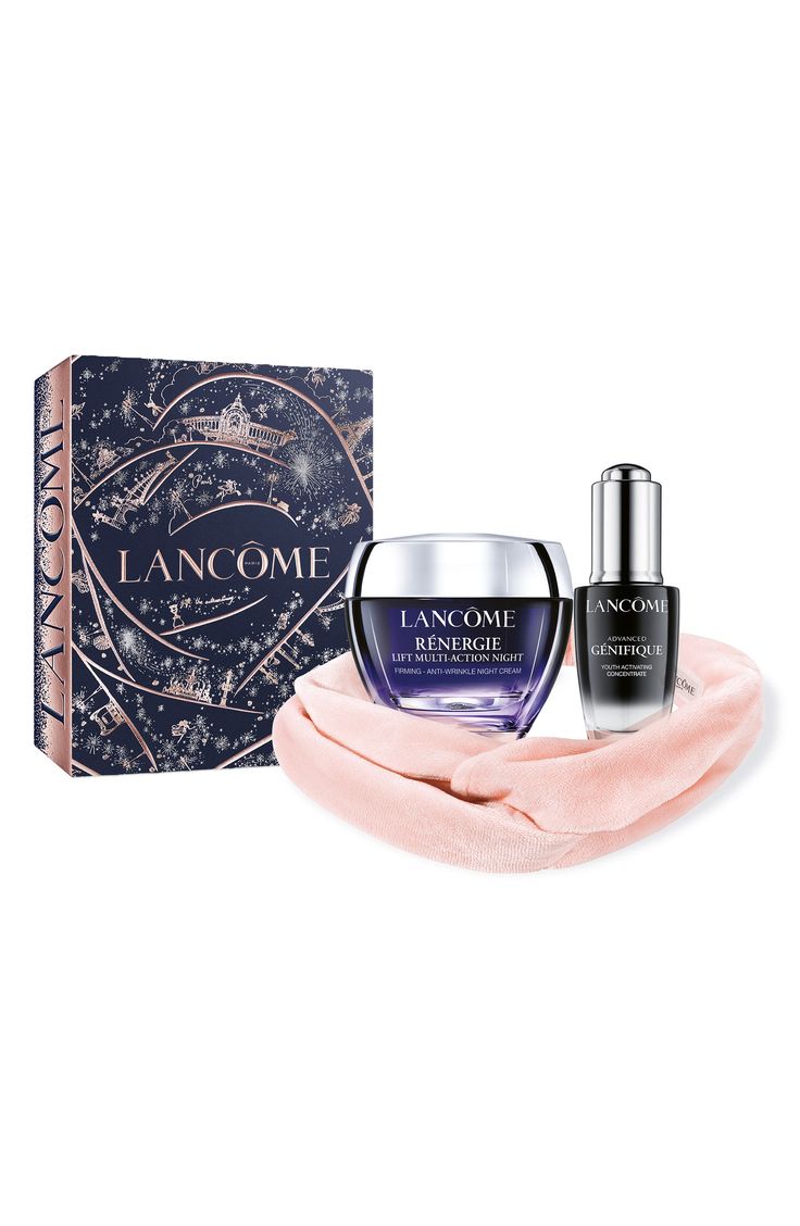 What it is: A limited-edition gift set featuring two full-size skin-care icons from Lancôme, plus a headband. Set includes:- Full-size Advanced Génifique Youth Activating Concentrate Anti-Aging Face Serum (0.7 oz.): an advanced, anti-aging face serum with bifidus prebiotic that targets the 10 key signs of aging, visibly improving radiance in seven days- Full-size Rénergie Lift Multi-Action Night Cream Skin Rejuvenating Treatment (1.7 oz.): a hydrating, anti-aging night cream that may help lift, Anti Aging Night Cream, Anti Aging Face Serum, Twisted Headband, Nighttime Skincare, Aging Face, Headband Set, Beauty Sleep, Knotted Headband, Sleep Set