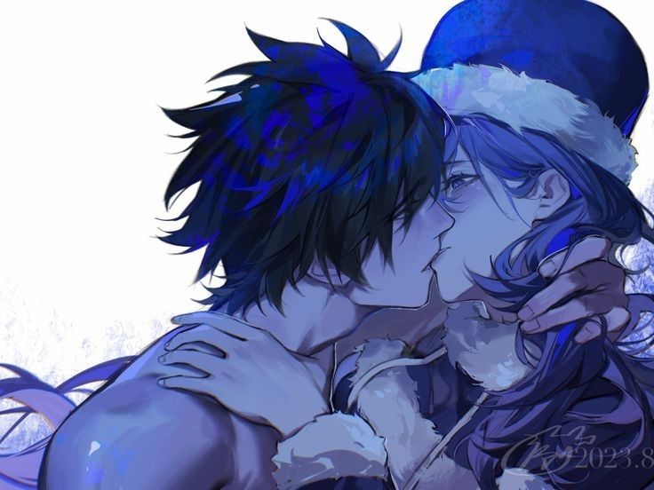 two people are hugging each other with blue hair and hats on their heads, in front of snow covered trees