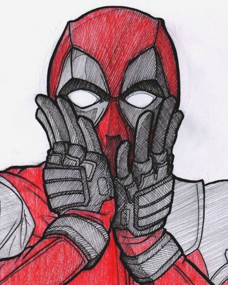 a drawing of a deadpool holding his hands up in front of his face and looking at the camera