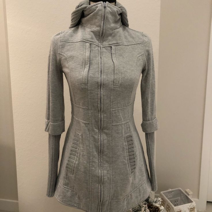 Never Worn, This Sweater Is Perfect To Wear As The Winter Weather Is Breaking. The Silhouette And Length Are Very Flattering. Plenty Of Pockets For All The Necessities We Must Carry. New Without Tags Fitted Gray Cotton Outerwear, Fitted Gray Outerwear, Winter Weather, Zip Up Sweater, Detachable Hood, Design Inspo, The Winter, To My Daughter, Dream Closet