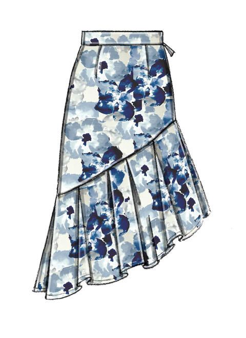 a women's skirt with blue flowers on the front and bottom, drawn by hand