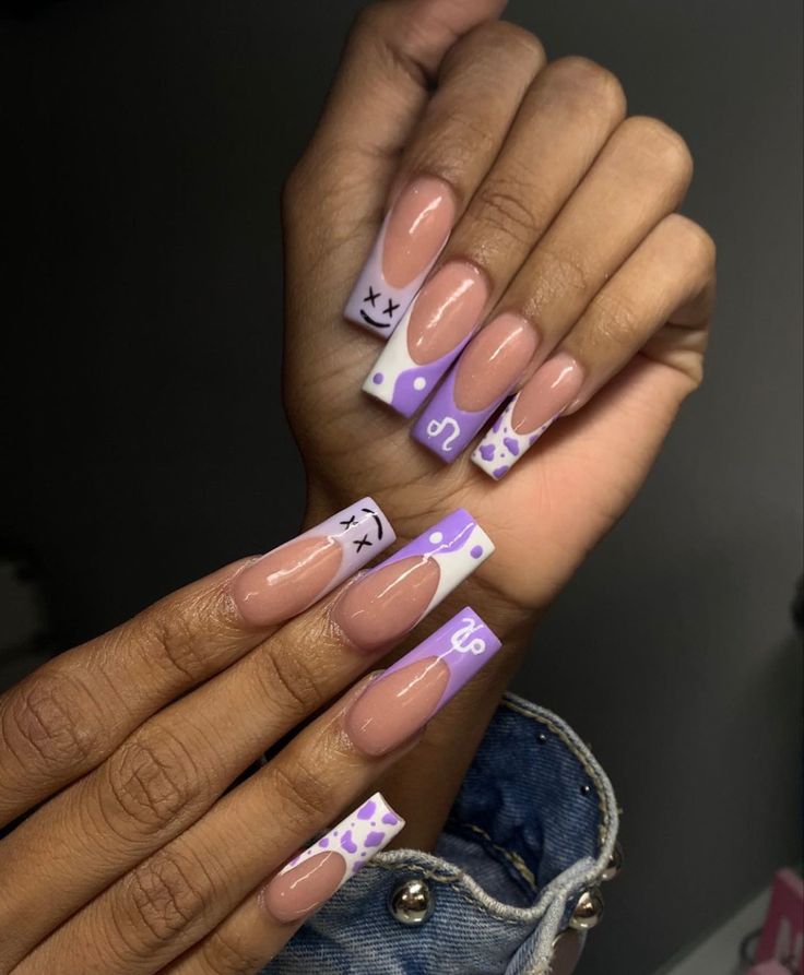 Nail ideas Purple Duck Nails Acrylic, White Nails With Purple Design, White And Purple Nail Designs, Purple And White Nail Designs, Nail White Tip, Purple White Nails, Purple And White Nails, Cute Purple Nails, Nail Designs Purple