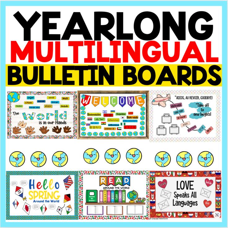 the year long multilingual bulletin board is shown with pictures and words on it