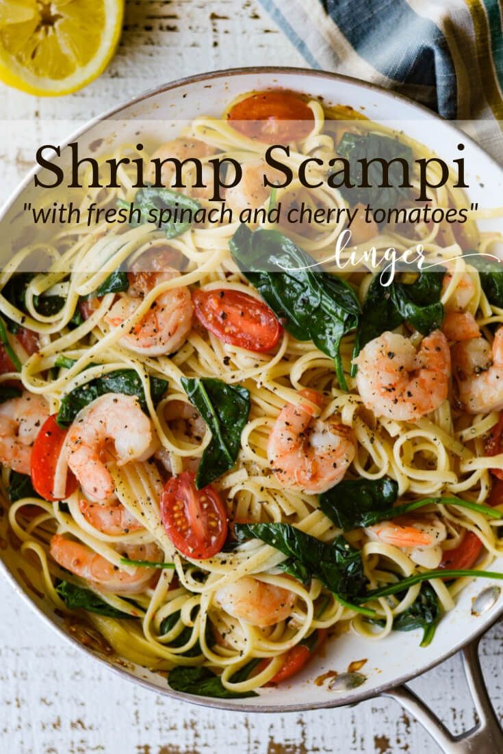 shrimp scampi with fresh spinach and cherry tomatoes