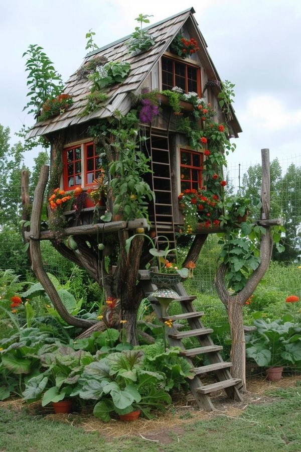 a tree house with plants growing on the roof