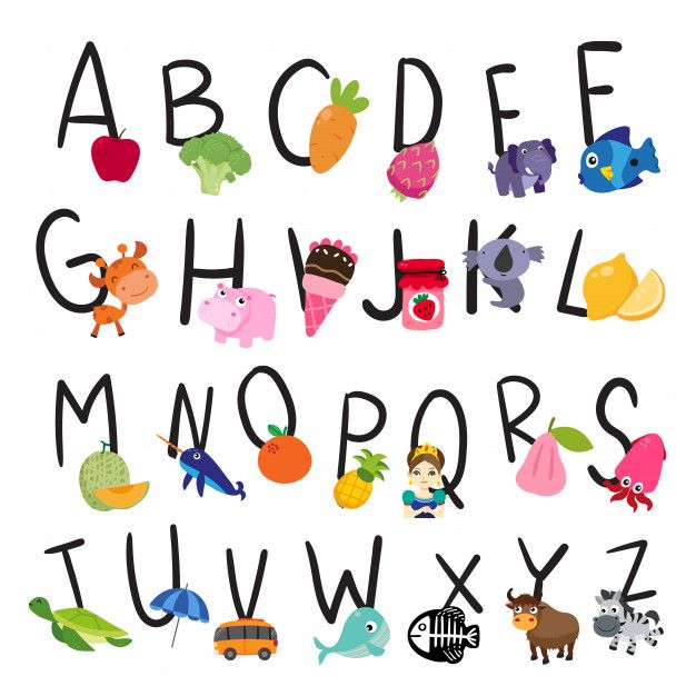 an alphabet with animals and fruits on it