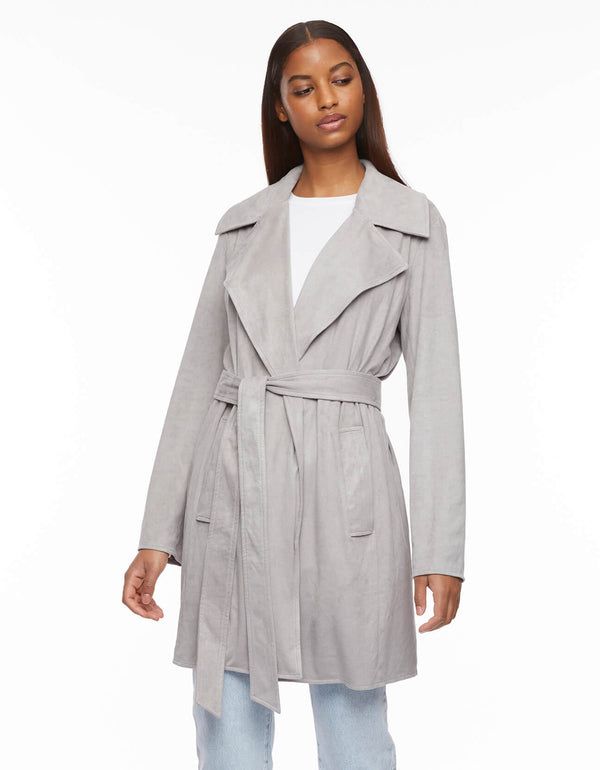 Vegan Suede Stretch Belted Wrap Jacket - Titanium - Bernardo Suede Trench Coat, Classic Trench Coat, Wrap Jacket, Suede Belt, Stretch Belt, Belted Trench Coat, Suede Jacket, Soft Texture, Fancy Dress