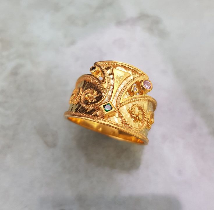 Byzantine style handmade ring in silver 925, 9k gold and 18k gold . Handmade silver 925 24k Gold plated and gold jewelry made in our workshop with the old-fashioned way. Byzantine and archaic style derived from the Greek tradition of goldsmiths. Every ring comes with a unique certificate for the carats of gold and the type of stones from our certified gemologist. This kind of jewelry is coming straight ahead from Byzantine times, when all the empresses wore this beautiful style rings. It is a cl Luxury Gold Ring With Stone Setting, Luxury Gold Rings With Stone Setting, Handmade 22k Gold Rings For Formal Occasions, Formal Handmade 22k Gold Rings, Handmade 22k Gold Ring, Unique Gold Filigree Ring For Wedding, Ornate Yellow Gold Gemstone Rings, Ornate Gold Filigree Ring For Ceremonies, Handmade Yellow Gold Ceremonial Rings