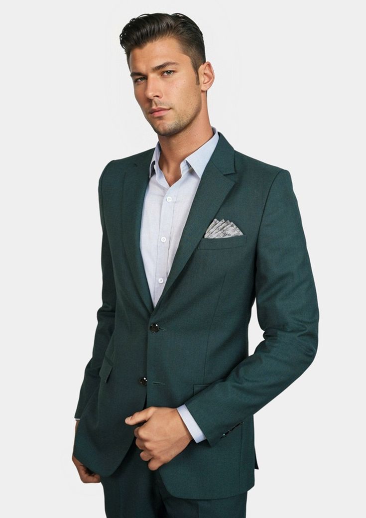 Astor Sacramento Green Suit - SARTORO Luxury Green Formal Suits, Luxury Green Semi-formal Blazer, Green Luxury Blazer For Formal Occasions, Luxury Green Formal Blazer, Elegant Green Semi-formal Blazer, Luxury Green Suit For Workwear, Elegant Green Suit With Pressed Crease, Luxury Single-breasted Green Suits, Elegant Tailored Dark Green Blazer