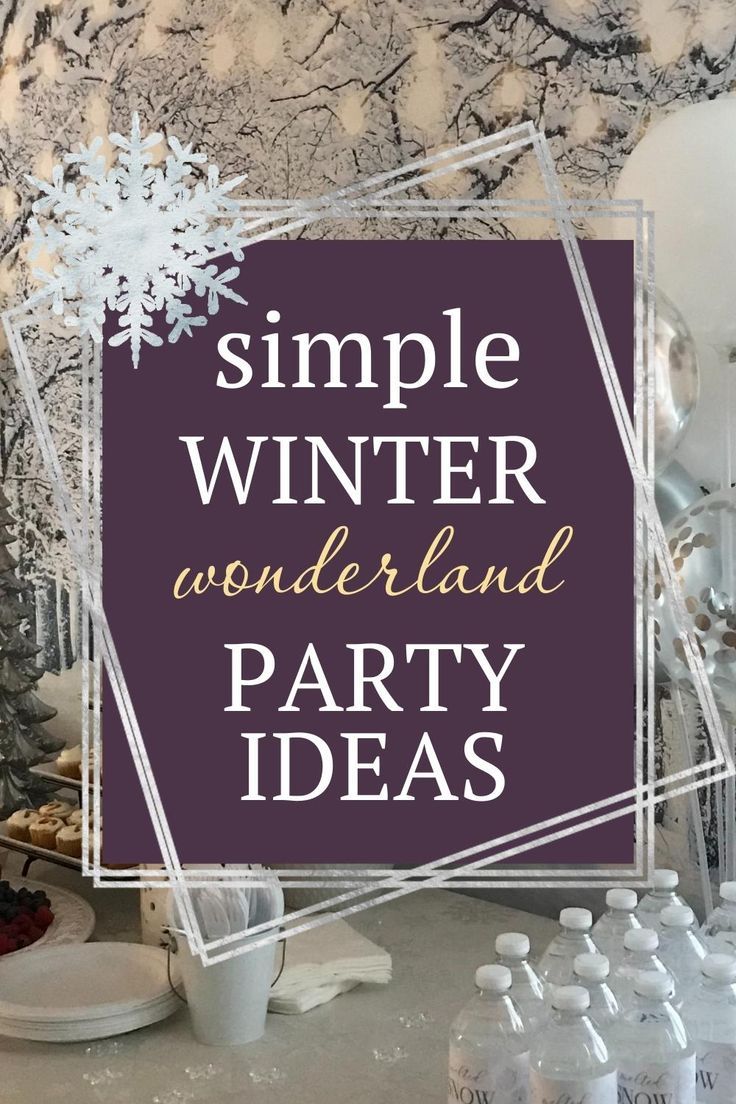 Simple winter wonderland party ideas. Snowy trees backdrop, melted snow water bottles, balloons Winter Wonderland Luncheon, Winter Wonderland Party For Adults, Winter Themed Party Food Ideas, Easy Winter Party Decorations, Winter Birthday Party Centerpieces, White Christmas Party Decorations Ideas, Winter Ball Party Ideas, Snow Themed Party Decorations Winter Wonderland, Winter Wonderland Party Menu Ideas