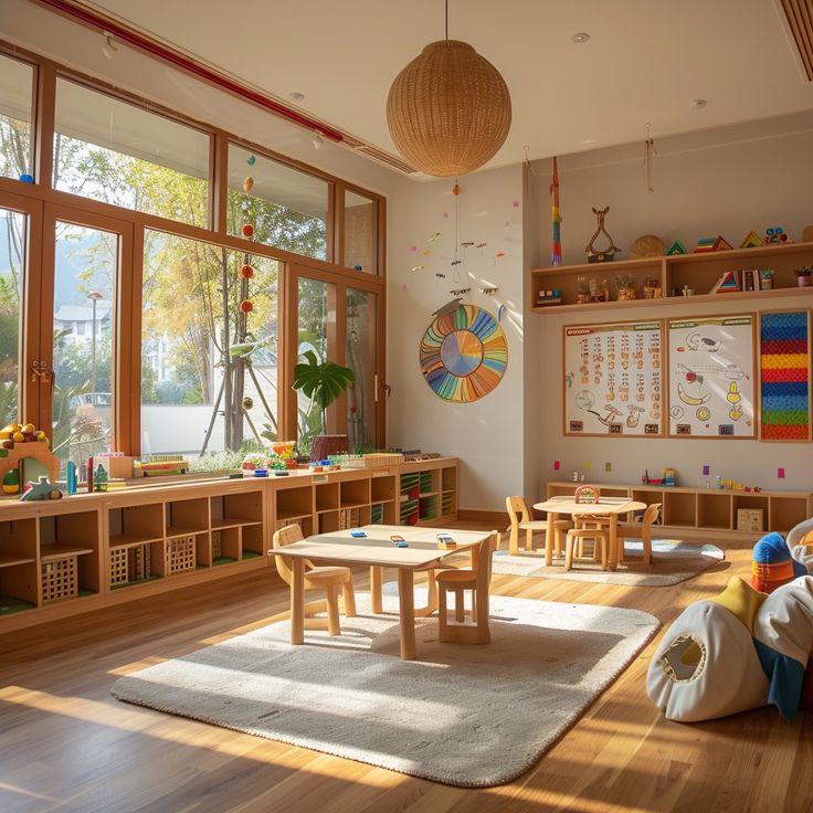 a child's playroom with wooden floors and large windows