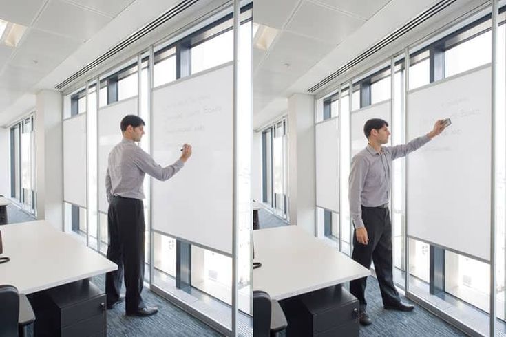 two pictures of a man standing in front of a whiteboard and pointing at it