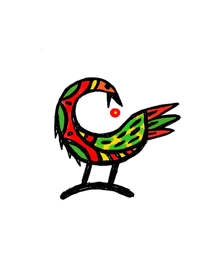 a drawing of a colorful bird on a white background with an orange dot in the center