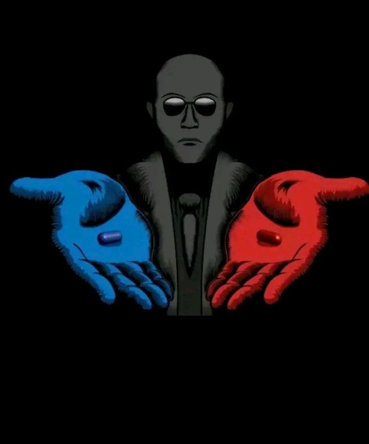 two hands with red and blue painted on them, one holding something in the other's hand